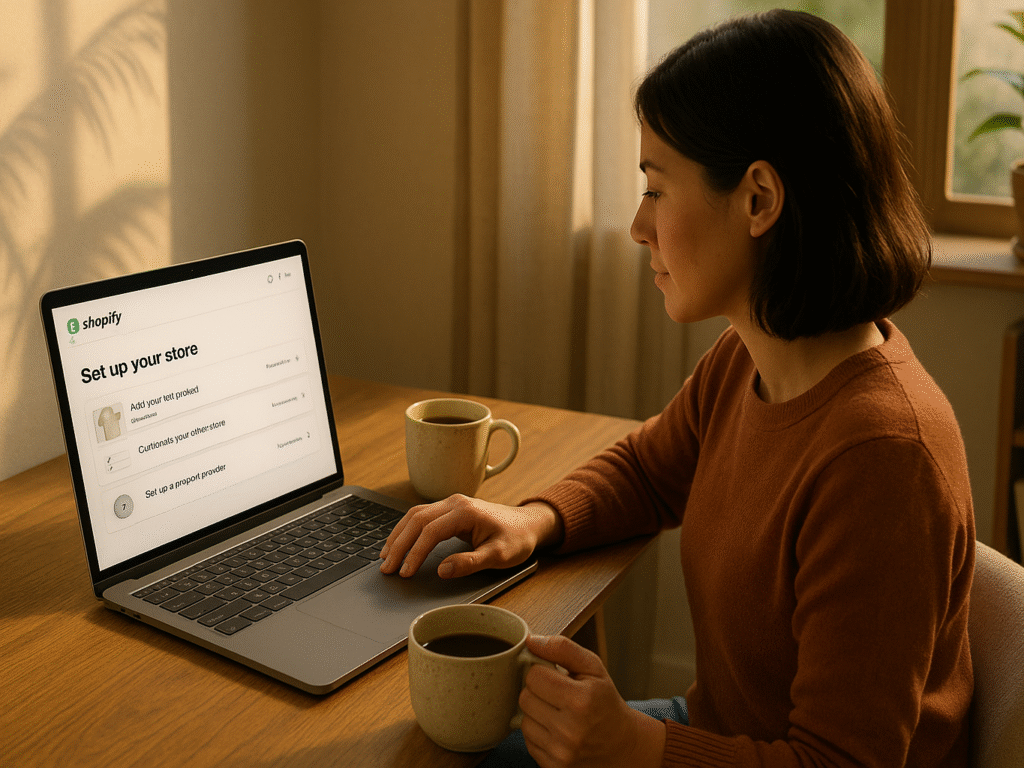 San Diego business owner setting up a Shopify store on a laptop at home