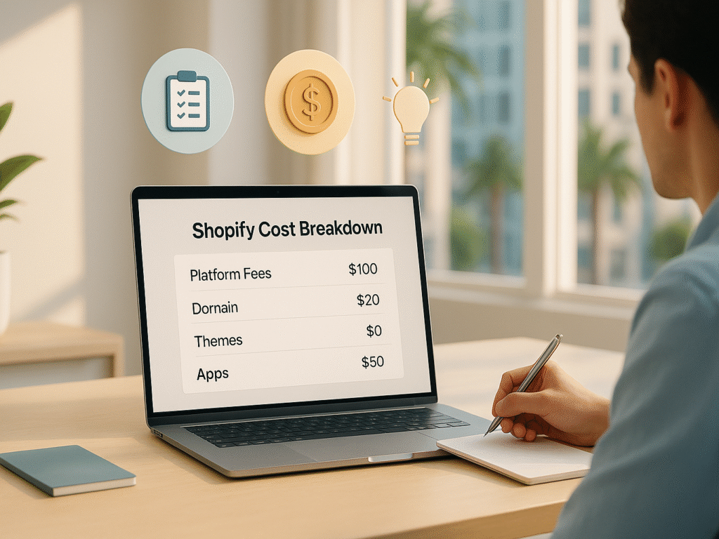 Business owner planning Shopify budget with notes and laptop.