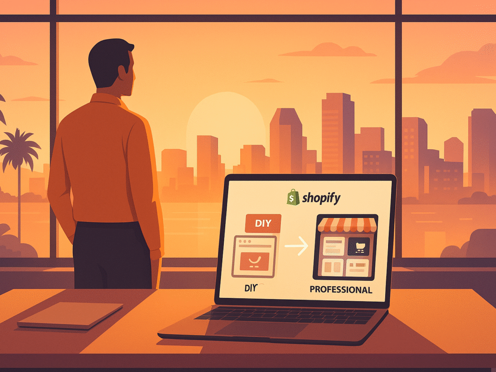Entrepreneur weighing DIY vs professional Shopify costs in San Diego.
