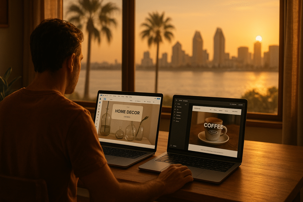 San Diego small business owner comparing Wix and Squarespace websites on a laptop.