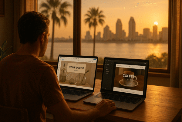San Diego small business owner comparing Wix and Squarespace websites on a laptop.