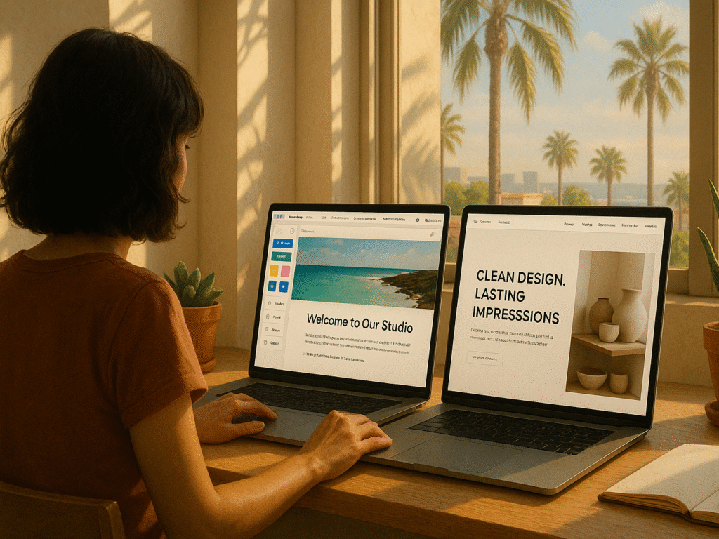 Web designer in San Diego customizing website templates on a laptop.