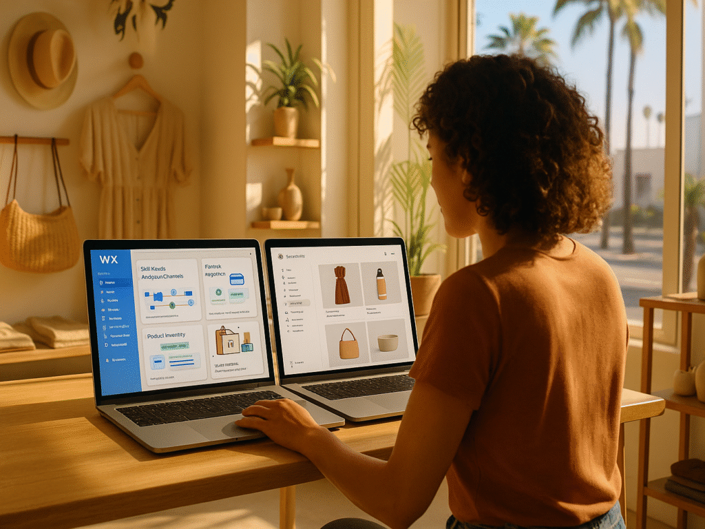 San Diego shop owner comparing Wix and Squarespace e-commerce dashboards.