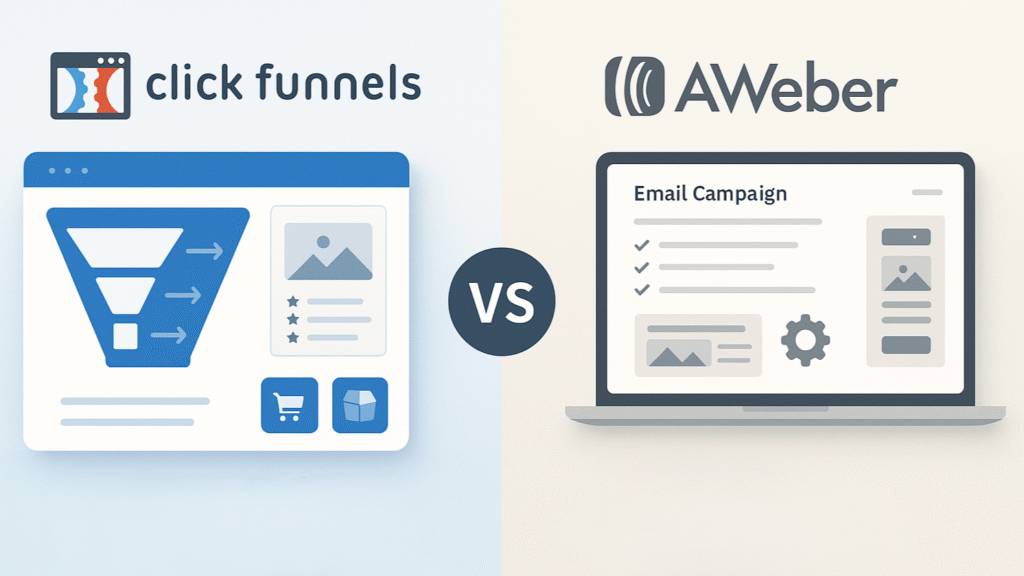 A split-screen comparing ClickFunnels and AWeber side by side.