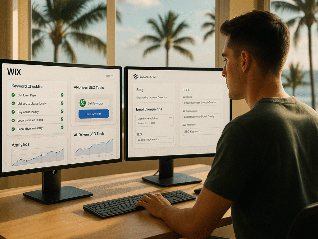 Marketer analyzing SEO and marketing dashboards for Wix and Squarespace.