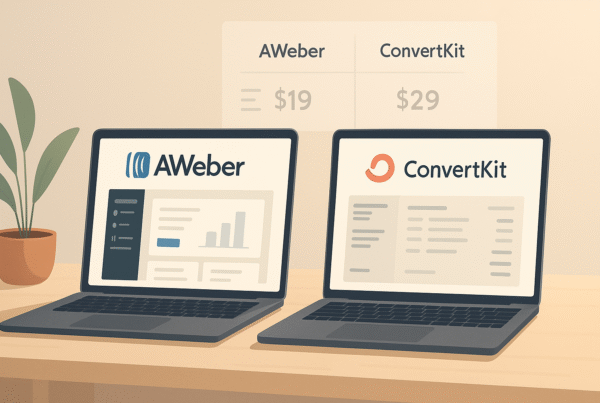 Side-by-side comparison of AWeber and ConvertKit dashboards with pricing charts.