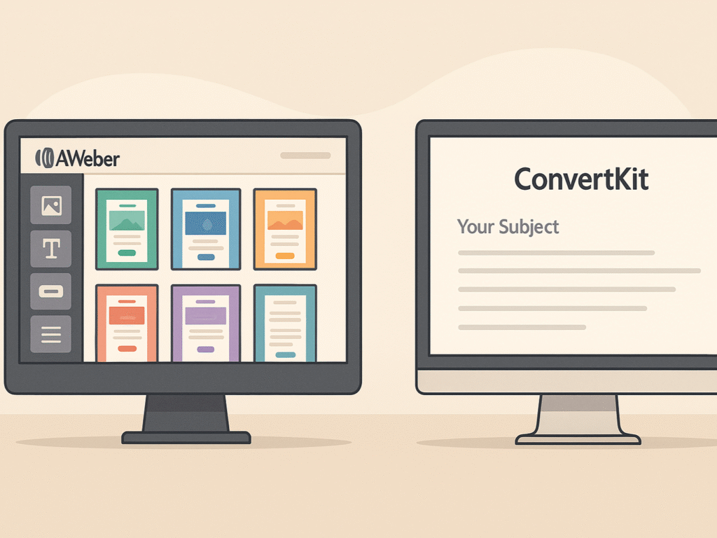 : Email designer comparing AWeber’s rich template library and ConvertKit’s minimalist editor.