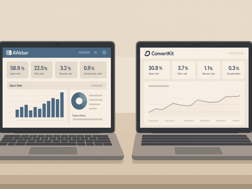 Email analytics dashboard comparing AWeber and ConvertKit reports.