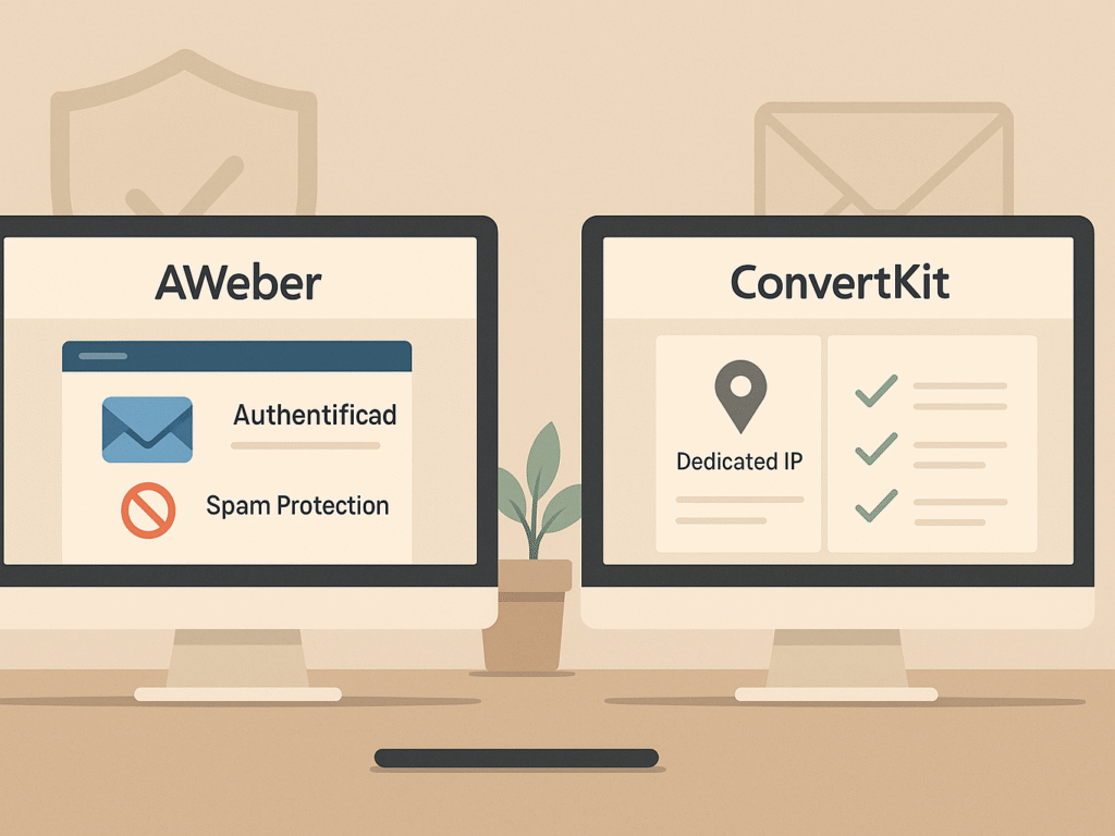 Side-by-side illustration showing AWeber and ConvertKit deliverability and compliance features.