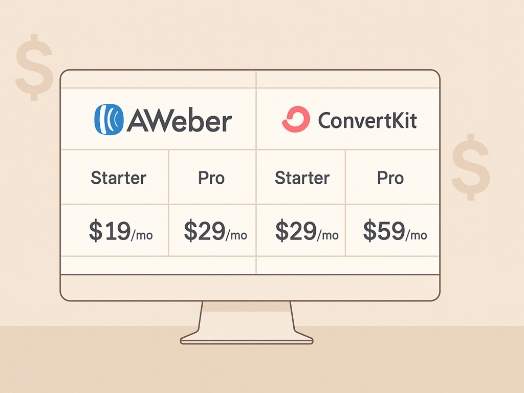Pricing comparison between AWeber and ConvertKit plans.