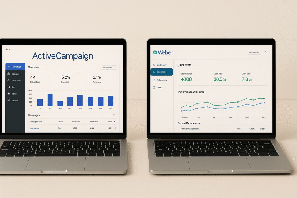 Two email marketing dashboards side by side, showing analytics and campaign tools in a modern interface.