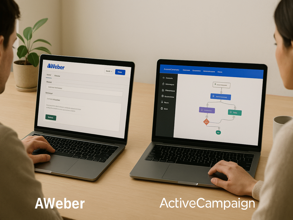 Two marketers comparing AWeber and ActiveCampaign dashboards on laptops, one showing a simple interface, the other with detailed automation workflows.