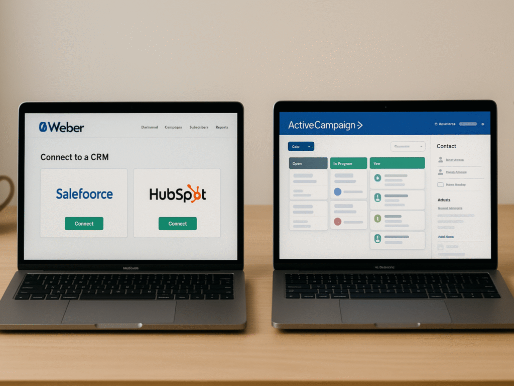 Two laptops comparing CRM features — ActiveCampaign displaying a visual sales pipeline and contact profiles, AWeber showing integration setup with external CRM tools.