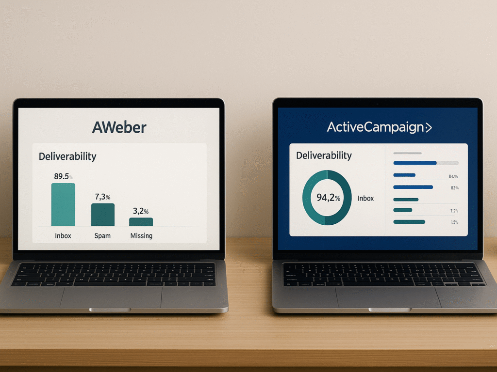 Two laptop screens comparing email deliverability stats — one showing ActiveCampaign’s high inbox rate, the other AWeber’s slightly lower performance metrics.
