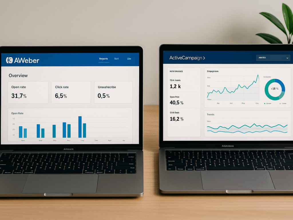 Two laptops comparing analytics dashboards — AWeber showing simple email performance stats, ActiveCampaign displaying detailed graphs and engagement metrics.