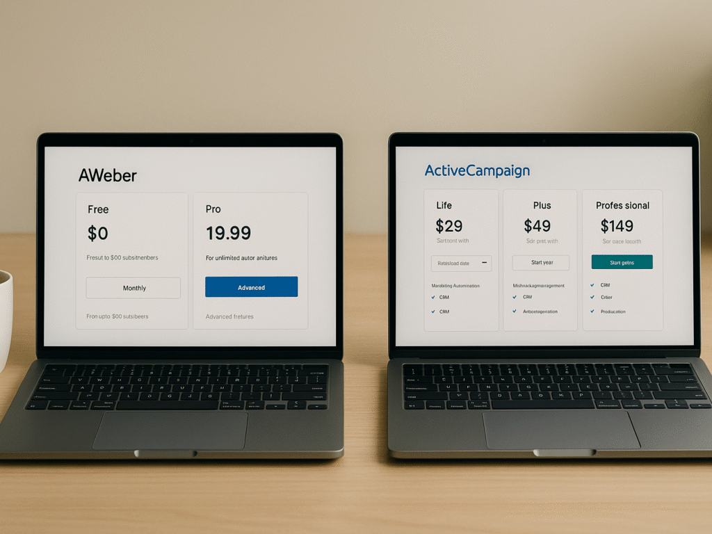Two laptops displaying pricing plan comparisons — AWeber with simple tiered pricing and ActiveCampaign with feature-rich tier breakdowns.