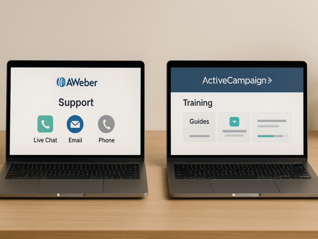 Two laptops showing customer support dashboards — AWeber displaying live chat, email, and phone options; ActiveCampaign showing training resources and webinar schedules.