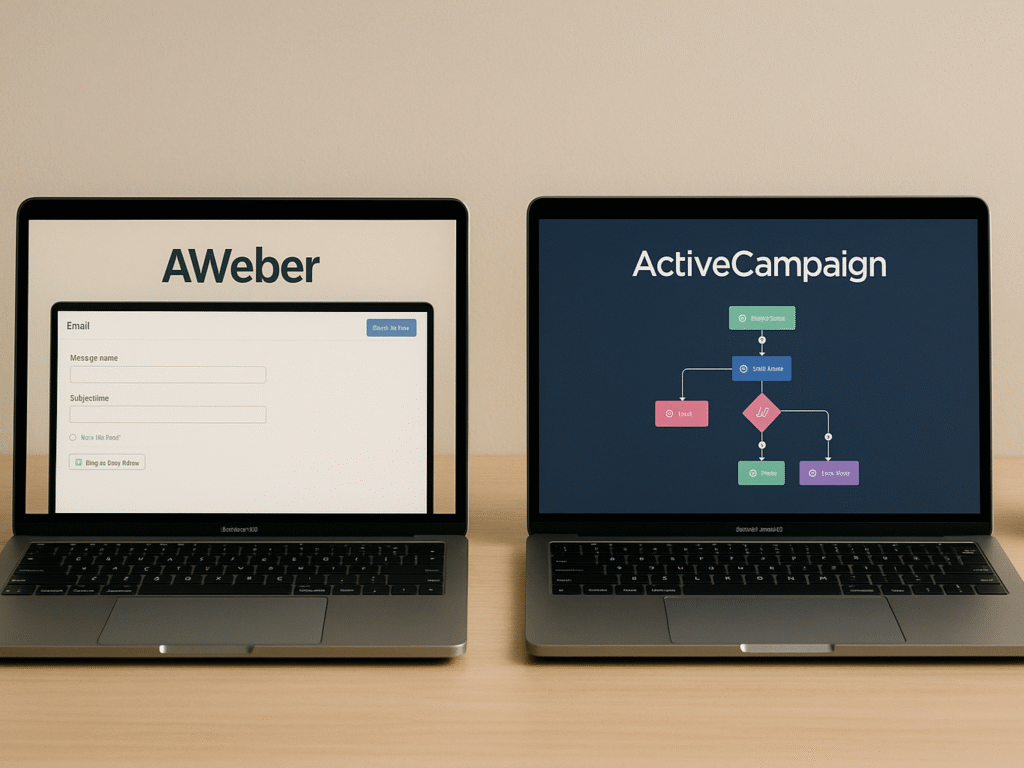 Two computer screens displaying email automation tools  one showing a simple campaign setup, the other a detailed visual workflow with branching paths.