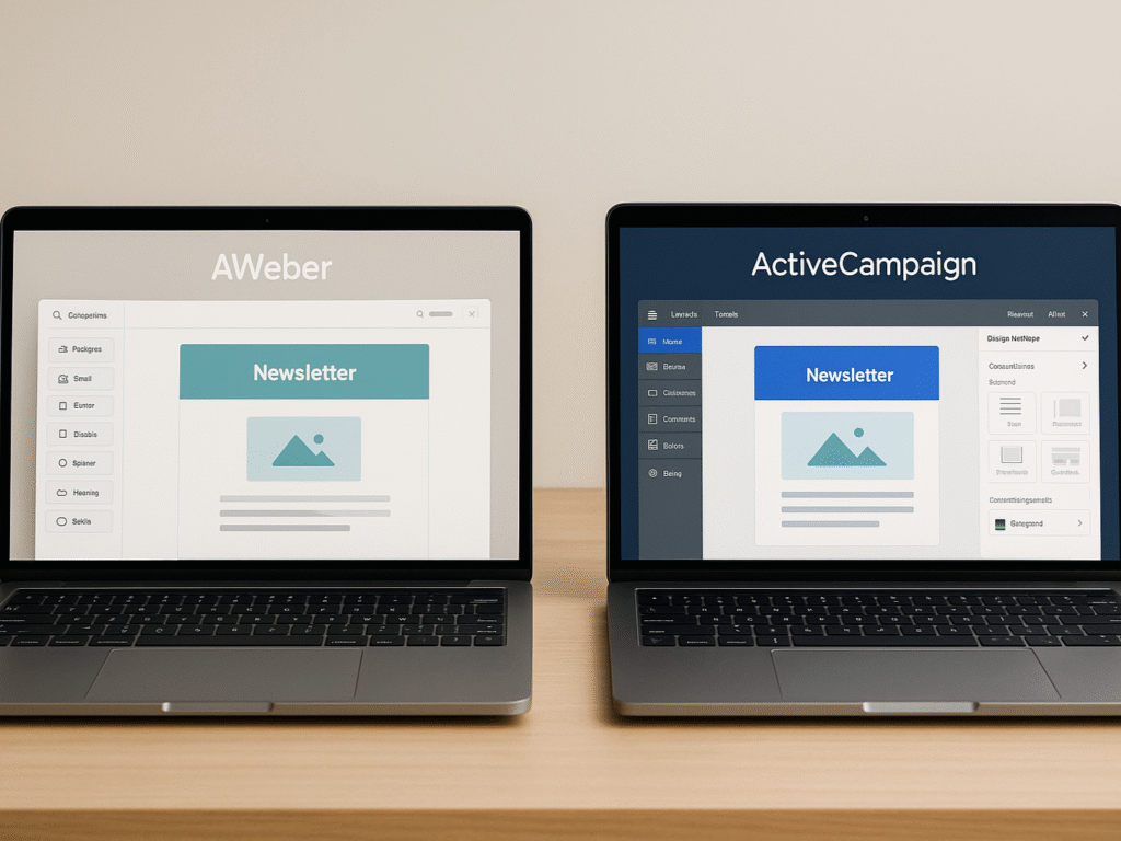 Two laptops showing email design tools — one with AWeber’s drag-and-drop template editor, the other with ActiveCampaign’s advanced customization dashboard.